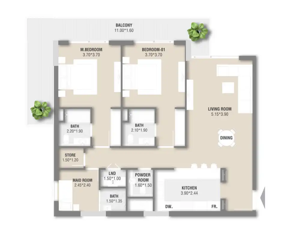 Spacious 2 bedroom apartment layout 1 at Zazen Ivy